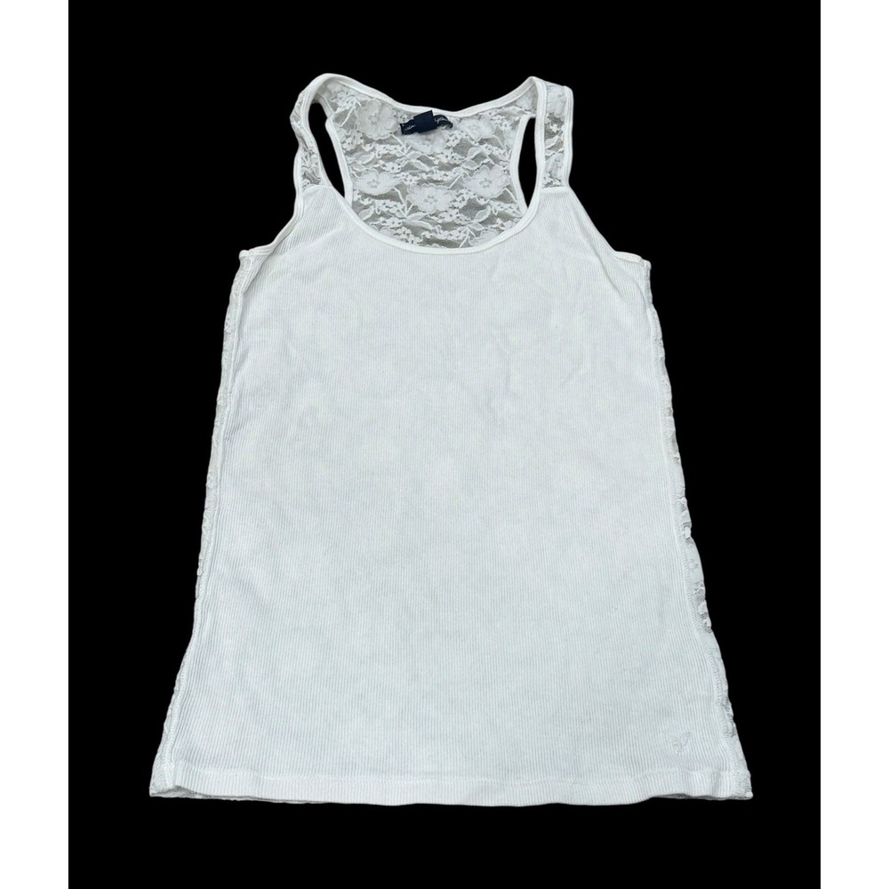 Y2K American Eagle Lace Racerback Ribbed Fitted Tank Top Cami White Sheer Medium